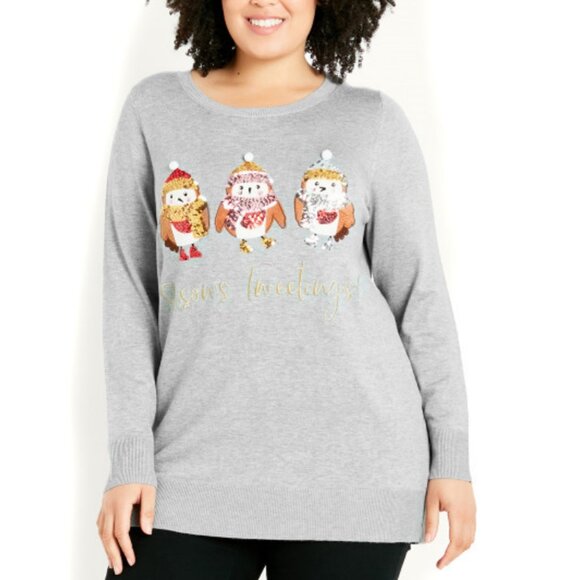 NWT City Chic Evans 22/24 Grey 'Season's Tweetings' Christmas Holiday Sweater - Picture 3 of 11